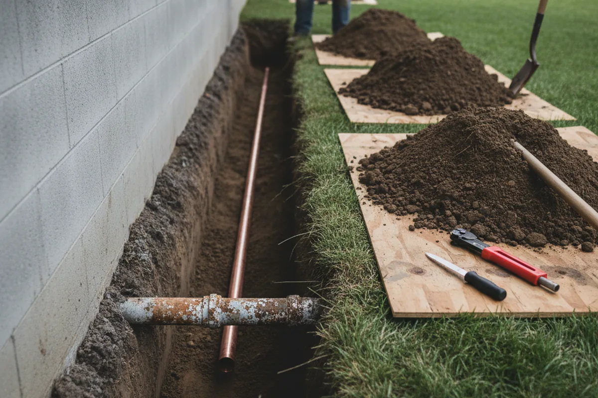 Excavated water line trench during Water Heater Repair in Caldwell